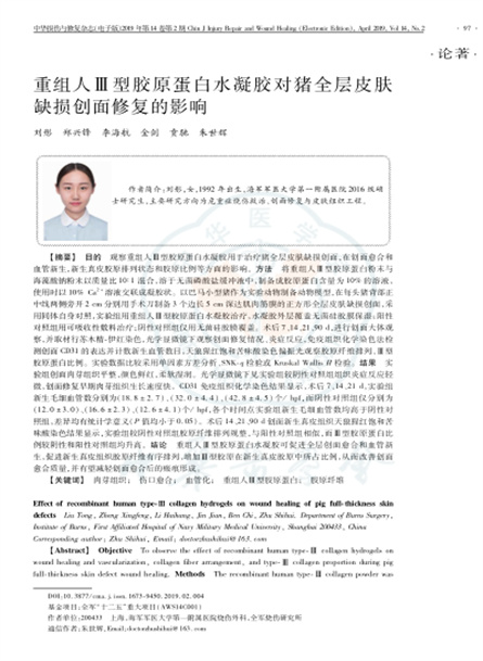 2019 動物研究，重組人Ⅲ型膠原卵白水凝膠對豬全層皮膚缺損創(chuàng)面修復的影響